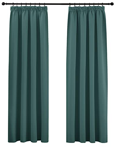 PONY DANCE Verdunkelungsvorhang mit Kräuselband für Schiene 2er Set H 260 x B 140 cm Blickdichte Gardinen Dunkelgrün Wohnzimmer Vorhänge Wärmeisolierend Thermogardine