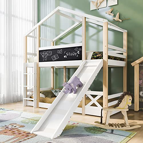 LATICO Hausbett Hochbett Kinderbett für Kinder, Kiefernholz Hausbett, Etagenbett Baumhaus Platzsparendes Kinderbett Baumhaus mit Schublade und Rutsche, Rausfallschutz Bett 90x200, Ohne Matratze