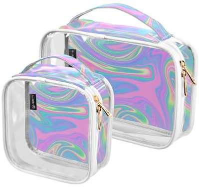 Lot de 2 trousses de toilette de voyage transparentes, motif licorne arc-en-ciel, marbre, holographique, trousse de maquillage, trousse de toilette portable en PVC étanche pour homme et femme, A2131,