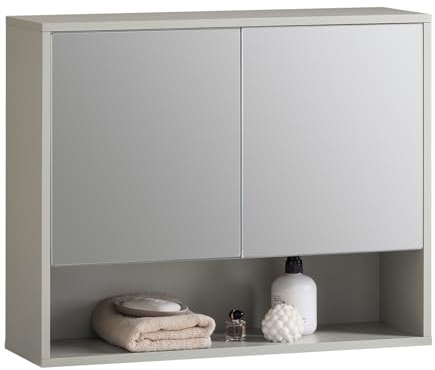 SoBuy Armoire Murale de Salle de Bain avec Miroir, Meuble de Toilette Suspendue Placard de Rangement avec 2 Portes, Compartiment Overt et Étagères Réglables, 60 x 20 x 49,5 cm, Gris, BZR134-NG