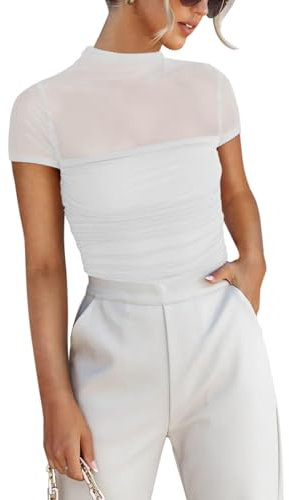 REORIA Sexy Bodysuits for Women Classic Mock Turtle Neck Short Sleeve Slim Fit Shirts Sheer Mesh Ruched Trendy Going Out Tops Cute Office Bodysuits White Medium