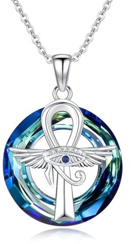 ABIGY Ankh Kette Auge des Horus Anhänger Halskette 925 Sterling Silber Ägyptisches Kreuz Anhänger mit Kristall Engel Flügel Kreuz Schutz Halskette Ägypten Weihnachten Schmuck Geschenk für Damen Mutter