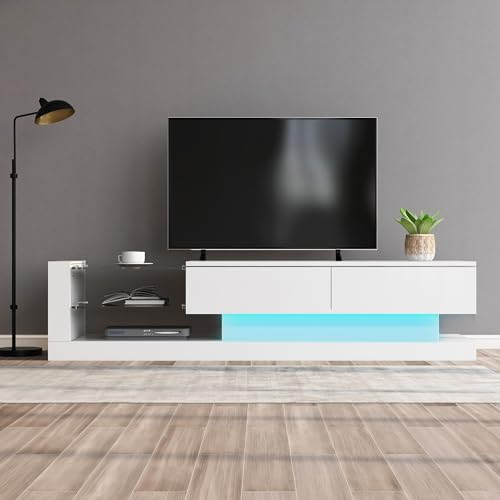 WENCHSH Stilvoller Weiß Hochglanz TV Schrank 140 cm Breit, Kleiner TV-bänke und Lowboards mit Glas Laminat