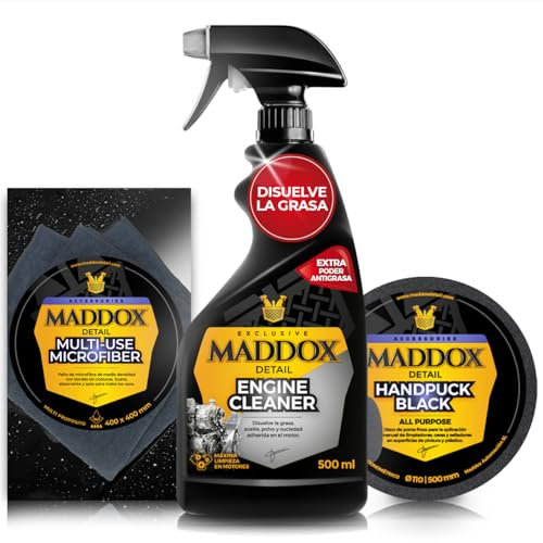 Maddox Detail - Kit Avanzado de Limpieza para Vehículos | Engine Cleaner, Handpuck Black y Multi-Use Microfiber | Limpiador de Motor, Esponja Multiusos y Paño de Microfibra