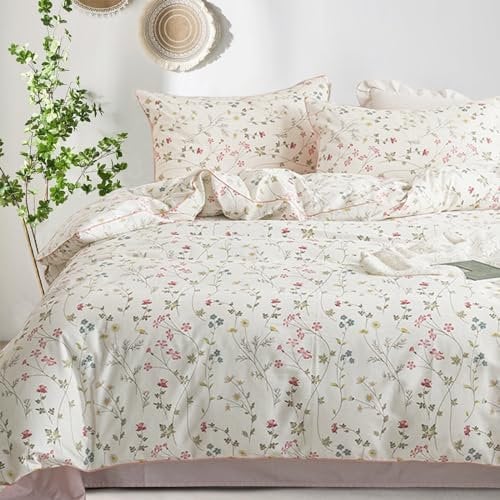Freyamy Blumen Bettwäsche 220x240cm 3teilig Baumwolle Beige Rosa Bunt Floral Blätter Pflanzen Bettwäsche Blumenmuster Mädchen Bettbezug mit Reißverschluss und 2 Kissenbezug 80x80cm