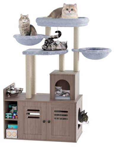 Cat Tree with Litter Box Furniture Hidden Enclosure, Modern Cat Tower for Indoor Cats with Large Platform, Cat House with Scratching Posts and feeding station,Wood Rustic Gray