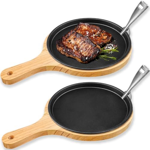Mimorou 2 Sets Cast Iron Fajita Plate Set 9.45'' Fajita Plate Sizzler Pan with Wooden Tray Anti Scald Protection Handle Cast Iron Skillet Set for Restaurant Home BBQ Party Restaurant