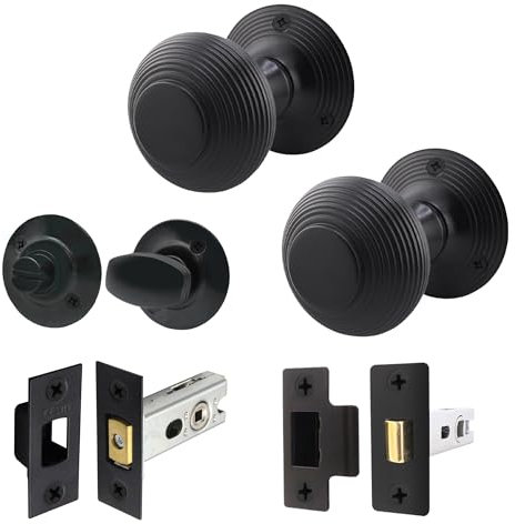 EAI Beehive Reeded Black Door Knob Set | 1 Pair of Matt Black Mortice Knobs (55mm), Latch & Deadbolt Kit (76mm) & Turn & Release for Internal Doors