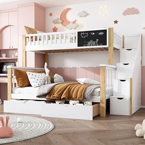 Huayz Etagenbett mit 2 Schubladen Kinder Bett mit Treppe, Hochglanz Kinderbetten Funktionsbett Etagenbett Stockbett Kinderhochbett Jugendhochbett, weiß fur 3 Kinder (Weiß+helle Eiche)