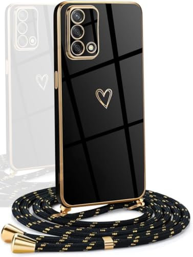 YAMCCCSE Frauen Mädchen Handykette für Oppo A74 4G - Silikon Hülle mit Band - Handyhülle für Oppo A74 4G Herz Love Design Galvanik - Hülle mit Kordel in schwarzes