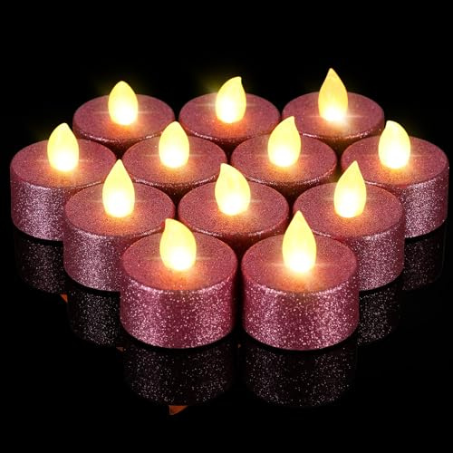 Retisee 48 Pcs Flameless LED Tea Lights Glitter Electric Fake Candles for Centerpieces Battery Operated Anniversary Decorations Romantic Winter Decor for Wedding Christmas Birthday (Pink)