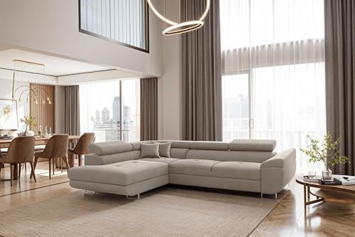 Kaiser Möbel - Ecksofa mit Schlaffunktion und Bettkasten, Wohnlandschaft L Form, Bigsofa, Bequemes Couch mit Ottomane für Wohnzimmer, Relaxsofa, Lounge-Set L-Form, FALIO L, Kaltesbeige, Links
