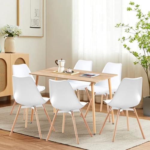 FURNITABLE Esszimmergruppe mit 6 Stühle, Rechteckig 110CM Küchentisch und 6er Set Esszimmerstühle Essgruppe für Küche Esszimmer Büro Wohnzimmer (Eiche Tisch+6 Weiß Stühlen)