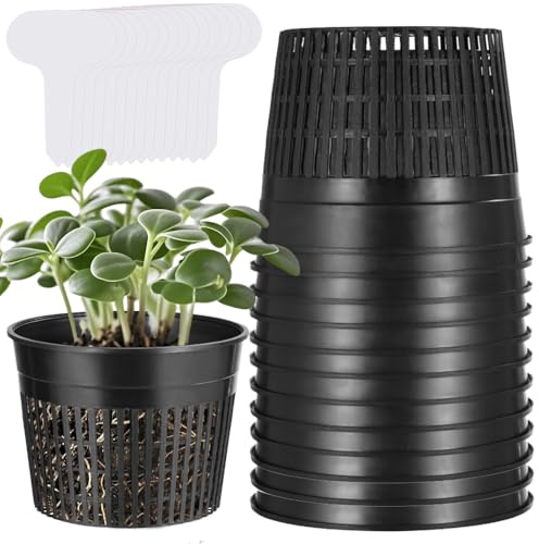 phoorapace 12 Pcs Net Pots for Hydroponics, 6In Hydroponic Bucket, Garden Slotted Mesh Net Cups with Plant Labels for Hydroponic Growing, Seed-Starting, Tower Gardens
