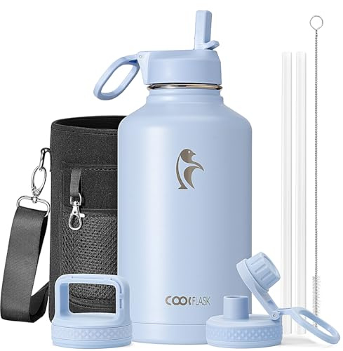 Botella de agua de medio galón aislada con popote y 3 tapas, Coolflask de 64 onzas, jarra de agua grande de metal de acero inoxidable, boca ancha para deportes, gimnasio u oficina, sin BPA, mantiene