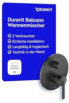 Duravit Balcoon Wannenarmatur Aufputz für 2 Verbraucher mit Umstellventil, Wannenthermostat mit Keramikmischsystem, Schwarz Matt
