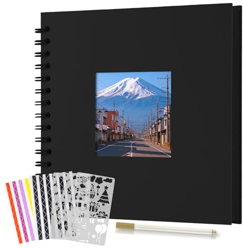 Boic Fotoalbum zum Selbstgestalten 24x24cm, DIY Spiralalbum 80 Seiten Fotoalben Scrapbook mit Fenster, Fotobuch für Baby Valentinstag Geburtstag Weihnachten Geschenk (Schwarz)