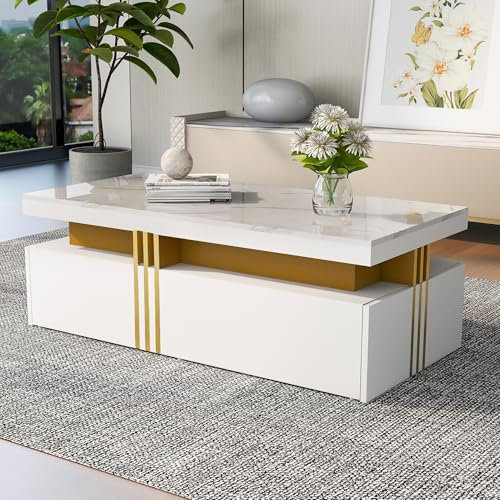 Moderner Hochglanz-Couchtisch 100 x 50 x 40 cm. Rechteckiger Wohnzimmertisch mit 2 Schubladen. Sofatisch/Beistelltisch mit offenem Stauraum. Tisch mit Marmorplatte für Wohnzimmer oder Büro, weiß