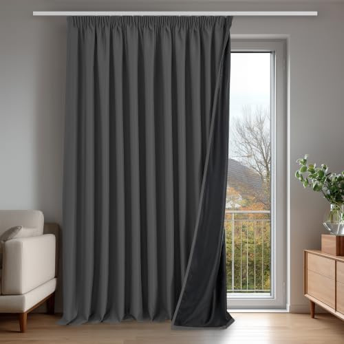 Deconovo 100% Verdunklungsvorhänge Blickdicht Vorhänge mit kräuselband Gardinen Wohnzimmer Vorhang Verdunkelung Thermovorhänge gegen Hitze Wärmeisolierend, H220 x B300 cm, Dunkelgrau, 1 Stück