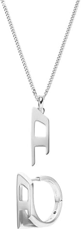 Diesel Herren D-Logo Silberfarbener Edelstahl Halskette und Ohrringe, Set