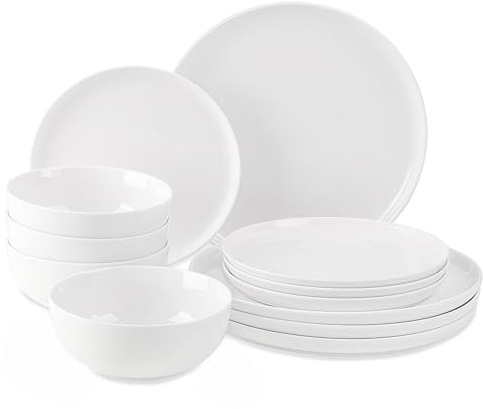 WishDeco Porcelain Dinnerware Set, 12 Pieces Kitchen Serveware Set for 4, 4PCS*6Inch Bowls, 4PCS*8Inch Plates, 4PCS*10Inch Plates, Microwave & Dishwasher Safe, White