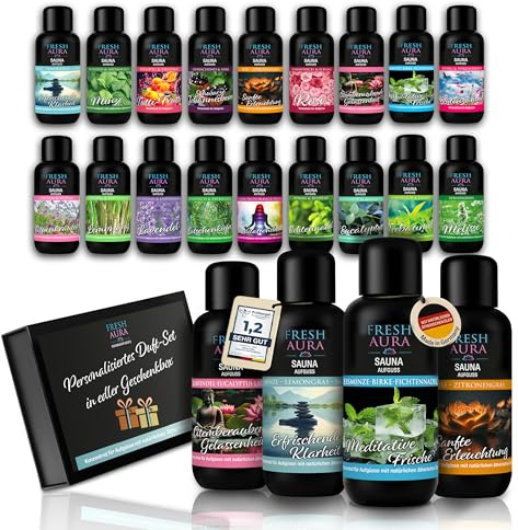 FRESH AURA Saunaaufguss Set 4 x 100 ml – Premium Saunadüfte in edler Geschenkbox – Freie Duftwahl – Hochkonzentriertes Aufgussmittel – Langanhaltend & sehr ergiebig – Made in Germany
