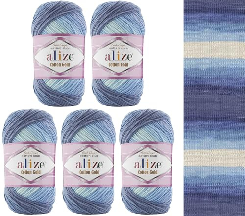 Alize Cotton Gold Batik Wolle 5 x 100g Türkische Premium 55% Baumwolle 45% Acryl Handstrickgarne Strickgarn zum Häkeln und Stricken Farbverlauf mehrfarbig Multicolor Strickwolle Häkelwolle (3299)