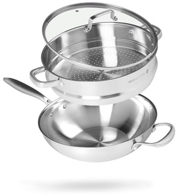Reishunger Edelstahl Wok unbeschichtet – 30 cm Durchmesser – Dämpfeinsatz | Mit ofenfestem Deckel – Für alle Herdtypen geeignet – Mit passendem Dämpfeinsatz