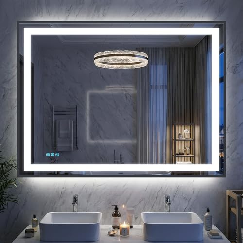 Antok 48X36 LED Bathroom Mirror with Lights, Vanity Mirror for Wall with Black Frame, Touch Control, Anti-Fog, Dimmable Lights, Shatter-Proof, Memory Function, Wall-Mounted Vanity Mirrors