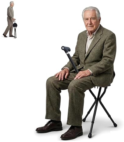 Walking Stick with Seat, Adjustable Folding Walking Cane with LED Light, Non-slip Rubber Base, Lightweight Portable Shooting Stick with Seat for Travel, Hiking & Seniors