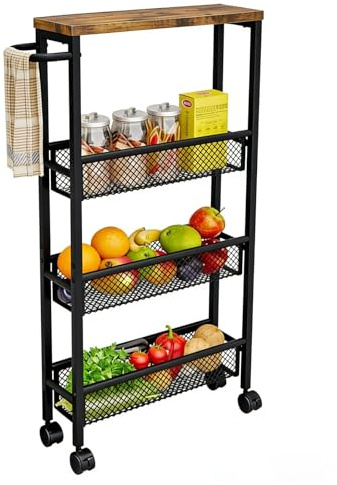 Dazioter Slim Rolling Cart 4 Tier Narrow Storage Cart on Wheels with MDF Board Top and Metal Handle for Small Space Kitchen Living Room Home Office Pantry Bathroom Laundry Room(Black，42 * 13 * 77cm)