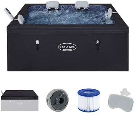 Bestway Lay-Z-SPA Stockholm AirJet Energiespar-Whirlpool 164x164 cm – Smarter Pool für 6 Personen mit App-Steuerung, 40°C Heizung, ThermaCore Isolierung & 140 Massagedüsen, Winterfest & Schwarz
