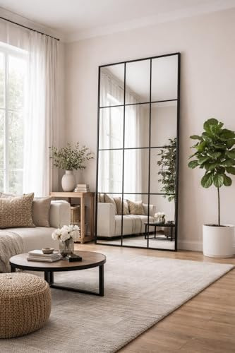 Lvguang Ganzkörperspiegel mit Raster-Design - Rechteckiger dekorativer Wandspiegel mit Metallrahmen & Schrägung für Eingang und Wohnzimmer, Fensterscheiben-Look (ca.175x63 cm)