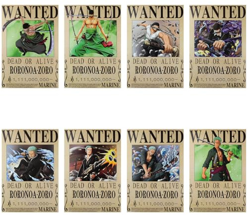 Aristo Solutions Wanted Poster Set One Piece 8er Bundle - 42 x 28,5 cm - Anime Manga Wanddeko Zimmer Dekoration - Roronoa Zoro - Zoro Kopfgeld Poster Sammlung für Fans