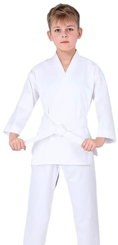 Boys Karate Gi for Kids Taekwondo Training Outfit with Belt and Pants, Lightweight Cotton Blend, Durable for Martial Arts Classes, Ages 3-8 Years (White, 9-10 Years)