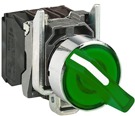 Schneider Electric Illuminated selector switch, Harmony XB4, metal, green handle, 22mm, universal LED, 2 positions, 1NO + 1NC, 110...120V AC