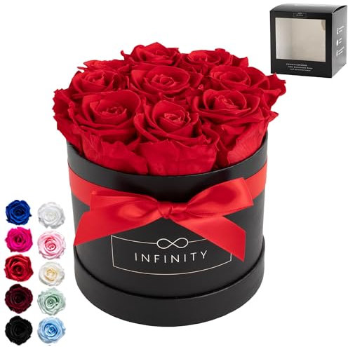 Infinity Flowerbox - 9 echte Infinity Rosen (3 Jahre haltbar ohne Wasser) - Mit Geschenkverpackung geliefert I Handgefertigt in Berlin I Geschenk für Frauen (Rote Rosen in schwarzer Rosenbox)