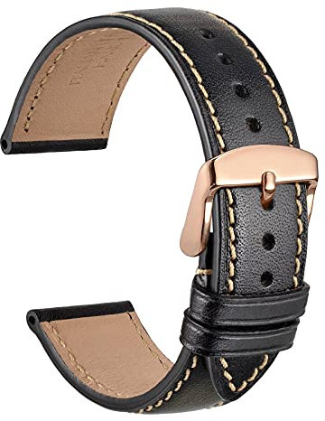 WOCCI 20mm Italienisches Leder Uhrenarmband mit Rosegoldener Schließe (Schwarz)