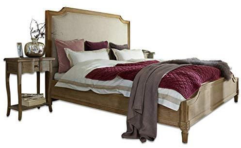 Loberon Bett Catham, Geschnitzte Zierbordüre, Holzgestell mit Bezogenem Kopfteil, Schlafzimmermöbel, Doppelbett, Leinen, Eichenholz, braun/beige