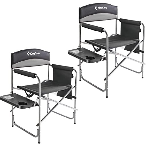 KingCamp Directors Chair for Adults, Folding Oversized Camping Chair with Side Table/Cup Holder, Heavy Duty Camping Chair Director's Chair for Heavy People, Padded Armrest, Set of 2, Black/Grey