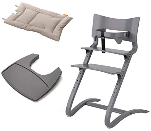 Leander Stuhl grau lackiert - Hochstuhl - Kinderstuhl - Erwachsenenstuhl mit Babybügel + Tablett grau + Kissen cappuccino