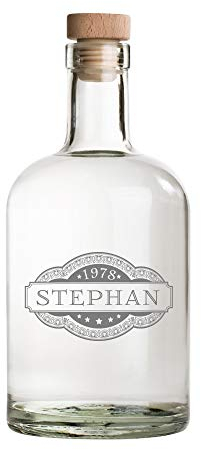 AMAVEL Bouteille en Verre avec Bouchon Hermétique pour Gin, Whisky, Rhum et Cognac, Gravure Personnalisée avec Banderole, Prénom et Date, 700 ML
