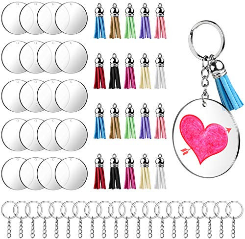 Lot de 60 Porte Clef Acrylique Transparent, Porte-clés Vierges en Acrylique Ronde, Porte-Clés Bricolage Kit avec 20 Porte-clés, 20 Anneaux de Saut, 20 Disques de Cercle pour DIY