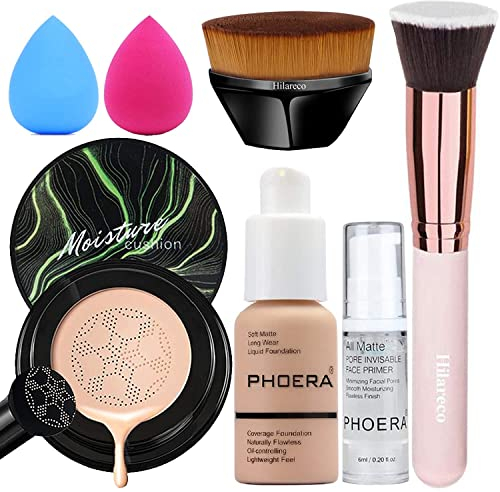 Pilzkopf Luftkissen CC Creme, Air Cushion CC Cream,PHOERA Foundation,PHOERA Primer,Make Up Foundation Pinsel and Puder Pinsel, Make up Schwamm Set (105 Sand + 05 Sand CC)