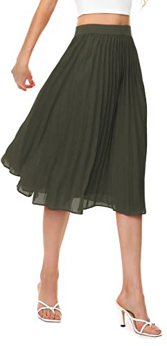 Durio Midirock Damen Faltenrock Plissee Damenrock Leicht Casualrock Chiffon Röcke A-Linie Grün 36(Tag Size S)