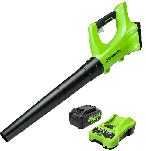 Greenworks Akku Axial-Laubbläser G24ABK2 (Li-Ionen 24 V 160 km/h Luftgeschwindigkeit 280 CFM Luftdurchsatz elektronische Drehzahlregelung Polstergriff inklusive 4Ah Akku und Ladegerät)
