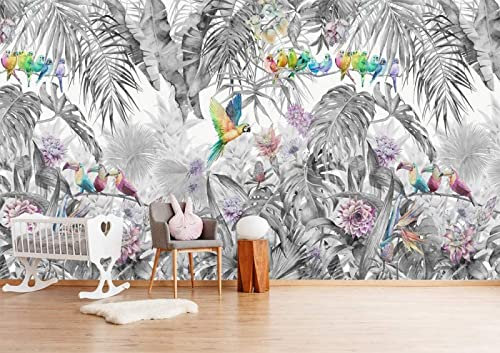 SELIE Papier Peint Jungle Perroquet Feuille De Bananier Jungle Papier Peint Panoramique Moderne Décoration Murale 300 x 250cm(LXH)