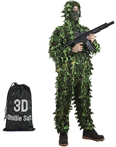 PELLOR 3D Ghillie Tarnanzug, Jungle Regenponcho Ghillie Suit Camouflagemit Tarnkleidung Geeignet zum Verstecken von Spielen, Outdoor, Jagen (Armeegrün, XL)
