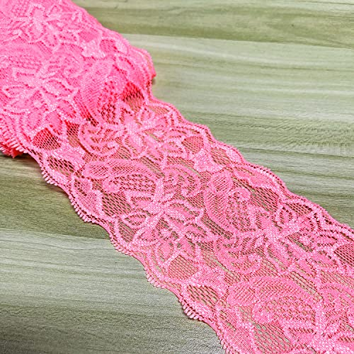 3 Yards Elastizität Spitzenbordüre Spitzenband,8cm Breite Bunte Spitzen-Blumen Borte Dekoband Zierspitze Zierband Spitzenstoff Spitzenborte für Nähen DIY Handwerk Kleidung Unterwäsche,Dunkelrosa