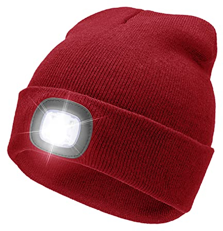 RFWIN LED Lighted Beanie Hat, USB Rechargeable 4 LED Headlamp, Red Knitted Hat Cap with Light Headlight Torch Hat for Night Cycling, Running